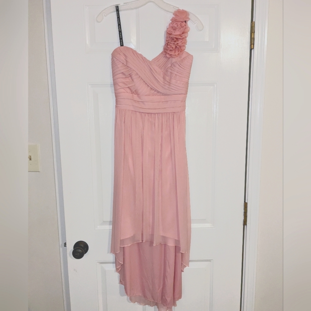 high-low mesh dress with floral one-shoulder